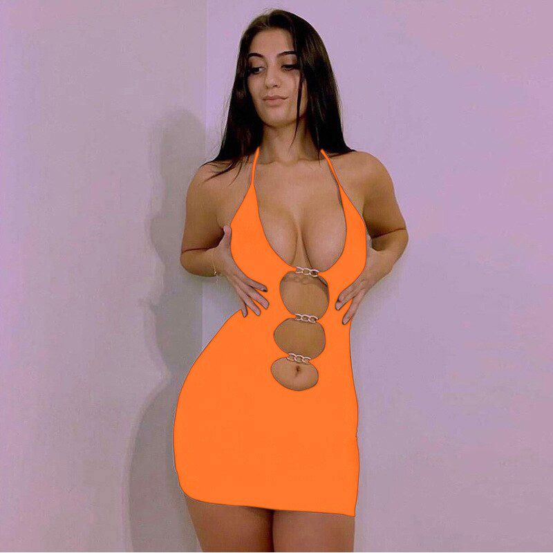 Halter Lace Up Mini Dress Party Club Outfit Solid Cut Out Metal Ring Ties Bodycon Dresses Summer Chic Harajuku Clothes