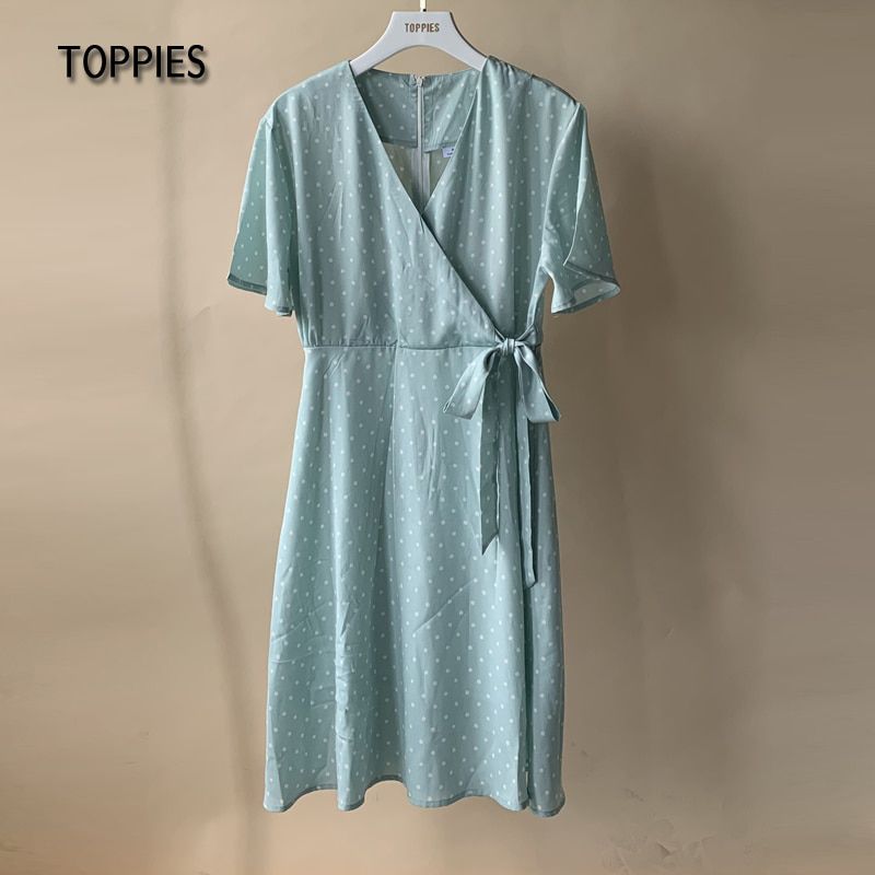 Toppies Summer Short Sleeve Shirts Dress Polka Dot Printing Dress Woman v-neck Lace Up Belt vestido 2021