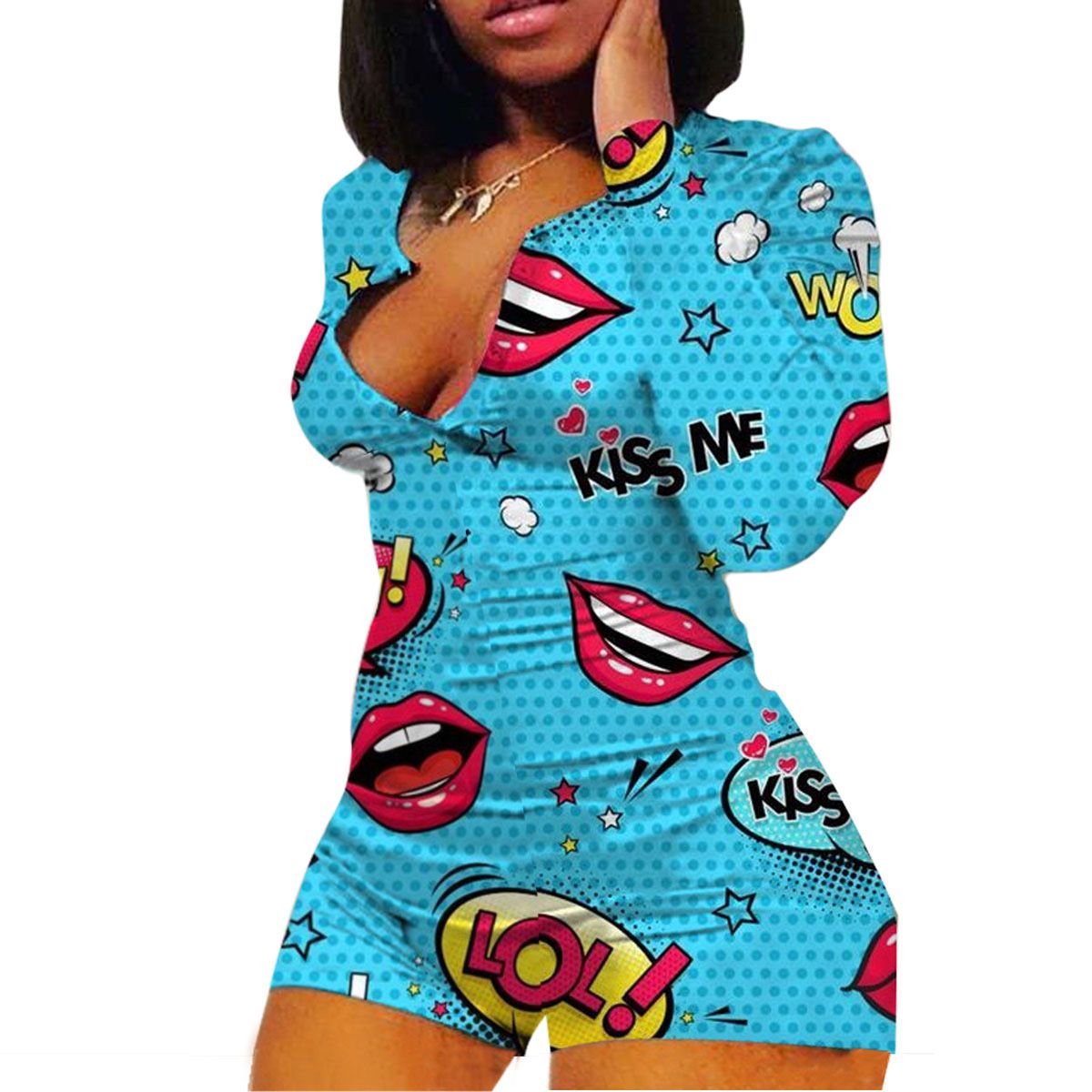 Women’s Casual Long-sleeved Jumpsuit Fashion Lip Printing Slimming High Waist Short Jumpsuit