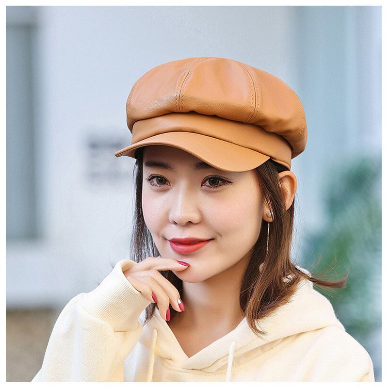 Fashion Solid color Cap Hats Female Autumn Winter Leather Panama Stylish Artist Painter Newsboy Caps Beret Woman