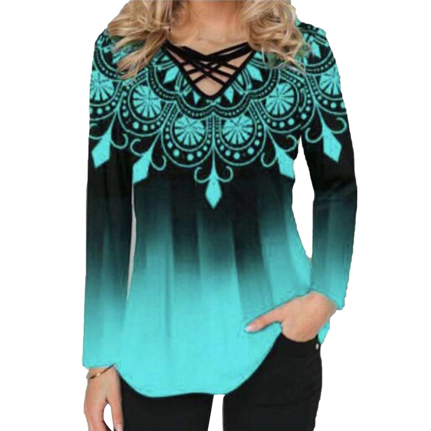 Shirt Long Sleeve Lace-up V-neck Women Blouses