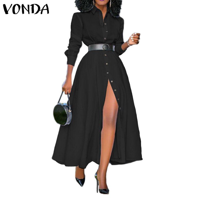 Loose Long Sleeve Shirt Dress Fashion Womens Vintage Solid Color Dresses OL Office Split Party Long Vestidos