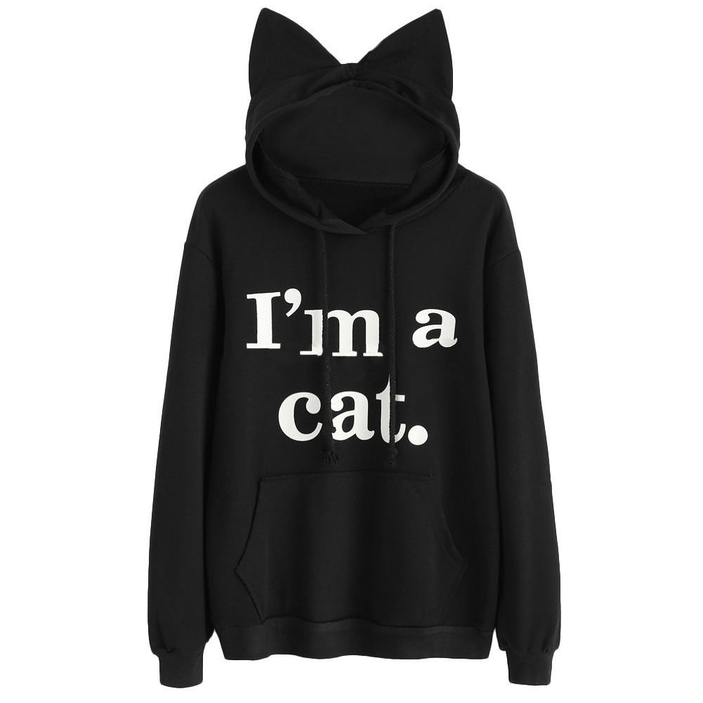 4Colors Cute Female Fashion Women Cat Ear Pullover Casual Long Sleeve Hoodie Jacket Hooded Sweatshirt Letter Print Coat