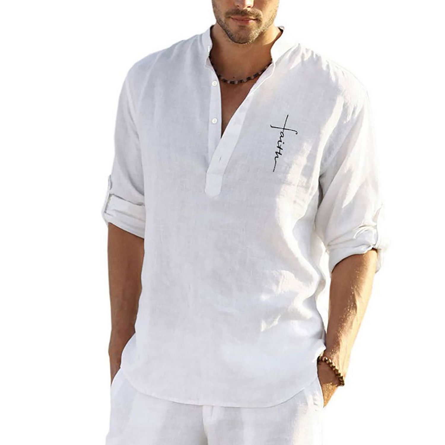 Casual Shirt Letter Letter Printing Stand Collar Men Loose Long Sleeve Pullover for Vacation