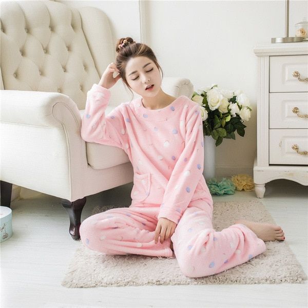 Flannel Pajamas Nightwear Sleepwear Set Winter Warm Simple Long Sleeve Leisure Pure Color Lovely Women Home Wear Suit