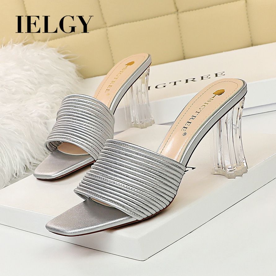 IELGY high heels slippers women shoes 7.5cm transparent heel square toe open toe sandals