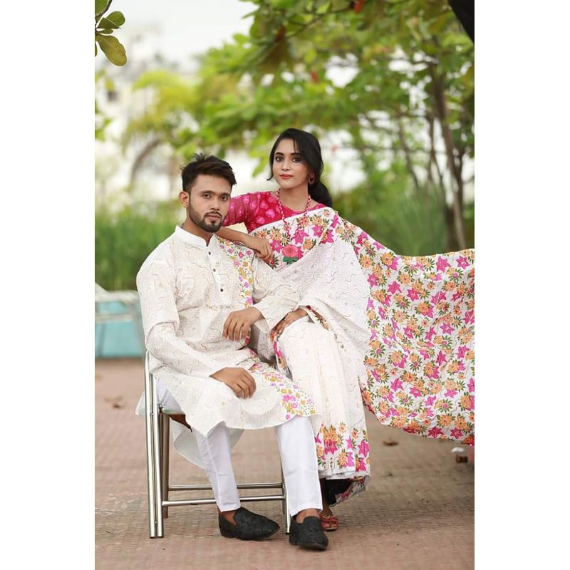 Exclusive Designer Block Print Half Silk Saree & DhupiaExclusive Designer Block Print Half Silk Saree & Dhupian Silk Panjabi Combo For man and women