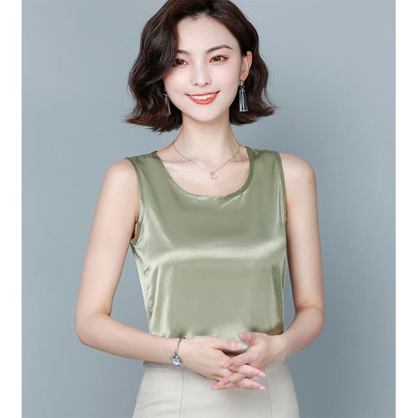 Summer O neck satin tank tops women casual loose golssy satin silk camis Girls satin silk tank tops