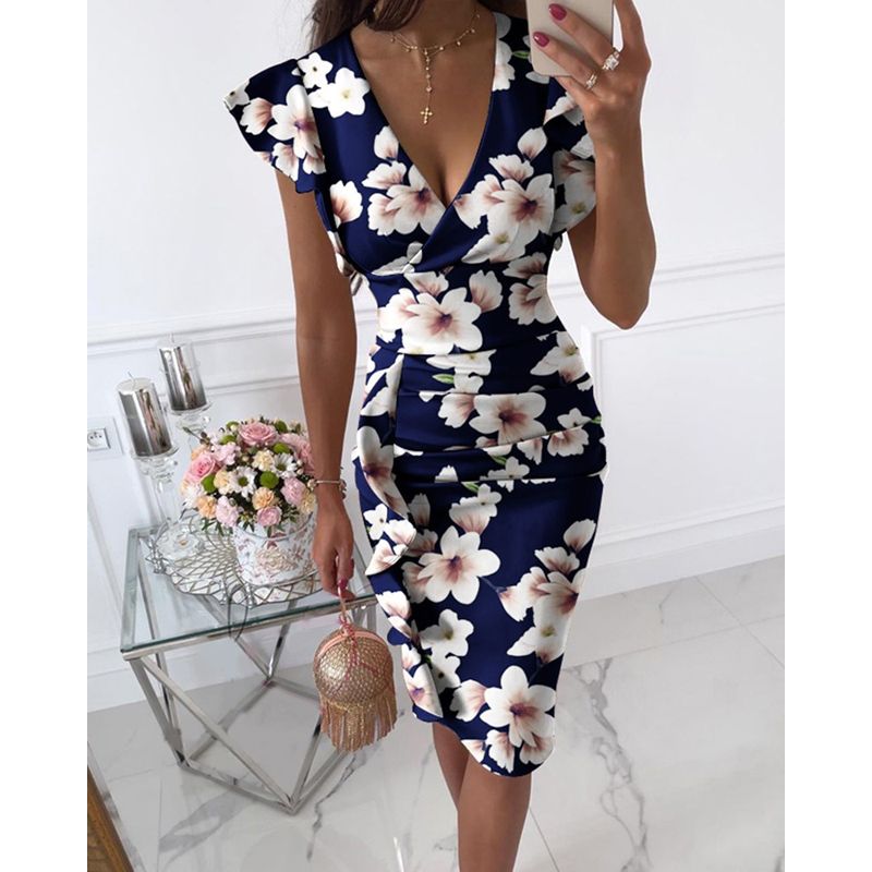 2021 Summer Ruffle Floral Printed Dresses For Women Elegantes Trendy Clothes V-neck Butterfly Sleeve Party Midi Dress Robe Femme