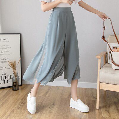 Ice Silk Chiffon Wide-Legged Pants Women Summer Casual Loose Fake Two Piece Pants Skirt Fashion Beach Pants Female