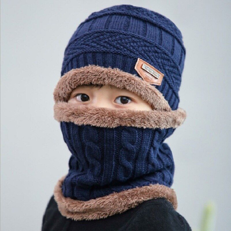 2pcs/set Knitted Scarf Hats Kids Turban Cotton Wool Fur Caps Children Girls Boys Autumn Winter Soft Warm Hat