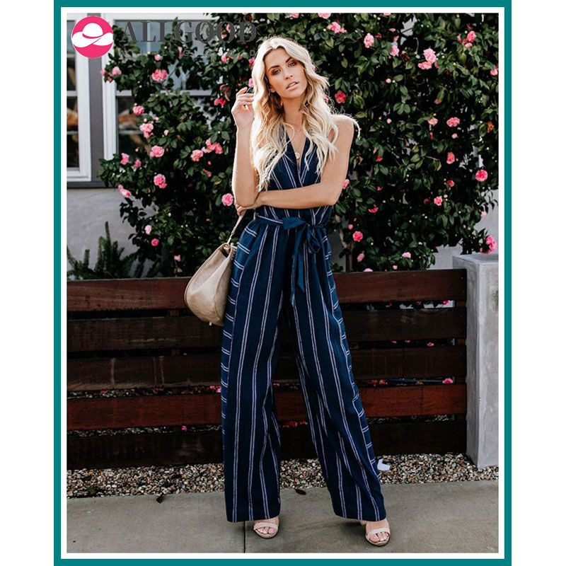 Striped Long Romper Jumpsuit Women Sexy Deep V Neck High Waist Bandage Slim Lady Overalls Summer Sling Sleeveless Split Playsuit