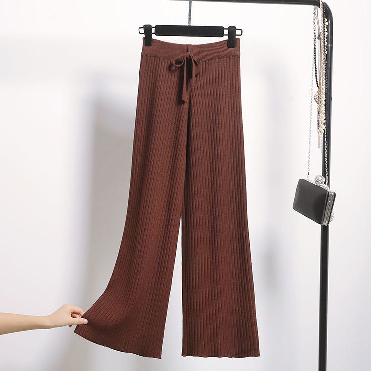 Spring Autumn Knitted Wide Leg Pants Women Korean Solid Pit Ankle-length Pants Elastic Waist Lace Up Pants Sweatpants