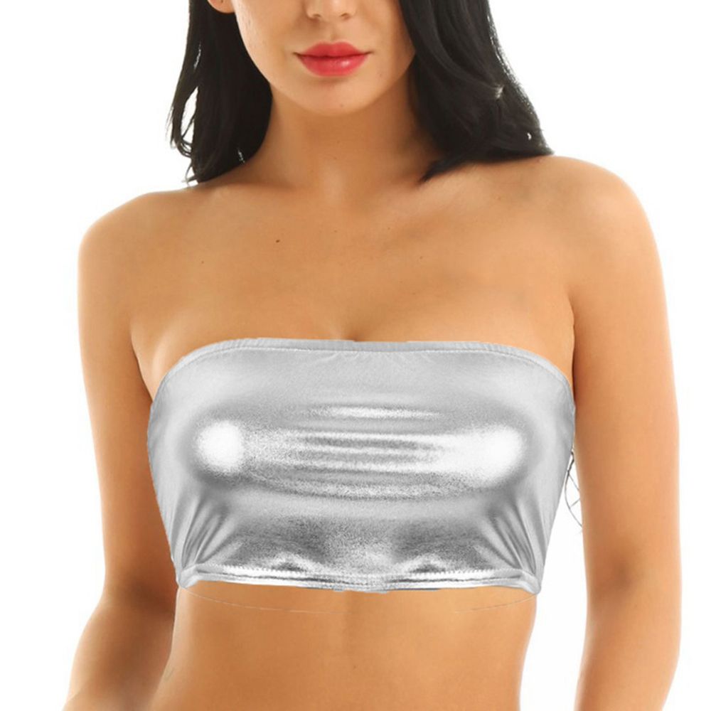Women Shiny Strapless Cropped Tube Top Party Club Bandeau Bra