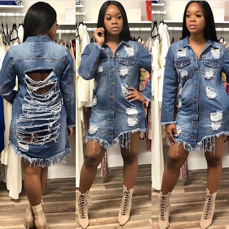 Woman Ripped Denim Coat Casual Long Denim Jacket Trendy Tassel Jeans Windbreaker Spring / Summer Clothing