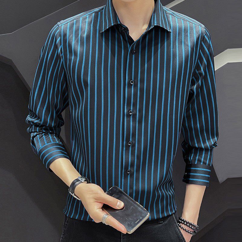 Fashion Classic Mens Striped Shirts Business Casual Long Sleeve Button Up Slim Fit Easy Care Stretch Shirt 4XL 5XL