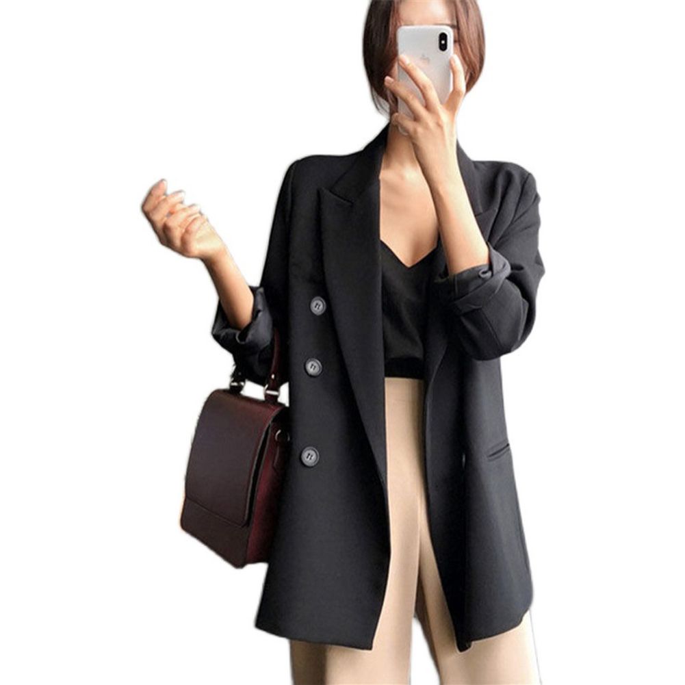 Yfashion Women Loose Suit   College Style Casual Long-sleeved Solid Color Pocket Design Double-breasted Work Office Suit ops color:black size:S