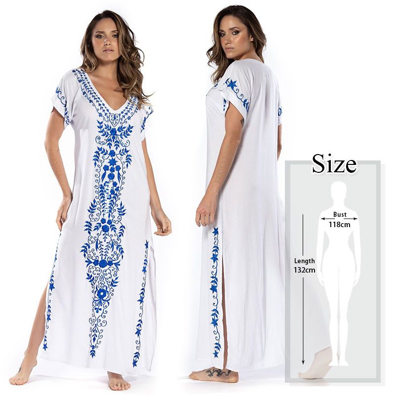 Oversize black Embroidery V-neck Short Sleeve Summer Beach Dress Plus Size Tunic Women Beachwear Batwing Sleeve Long Dress  N790