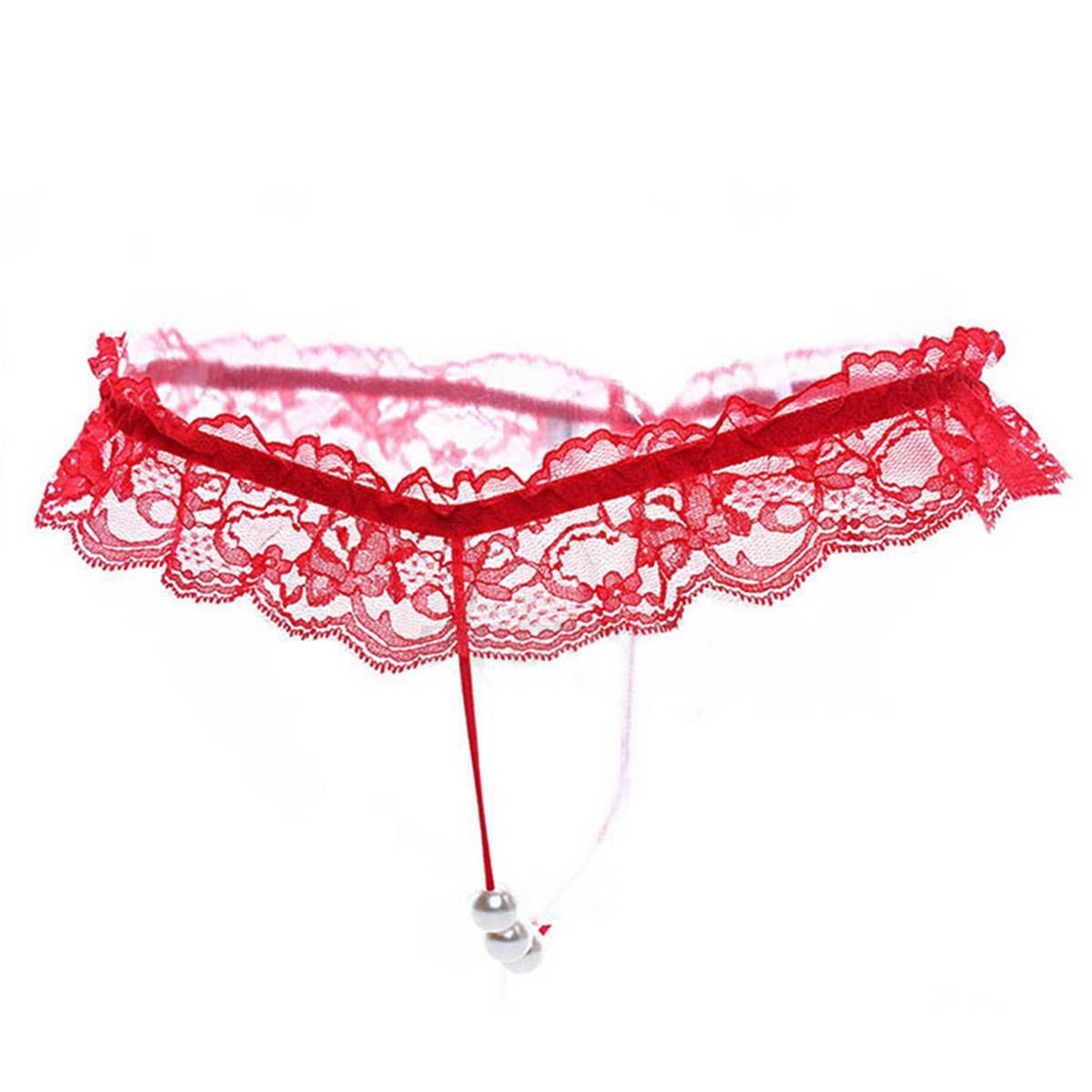 Ladies  Thongs Briefs Faux Pearl Crotch  Lace Panties Underwear
