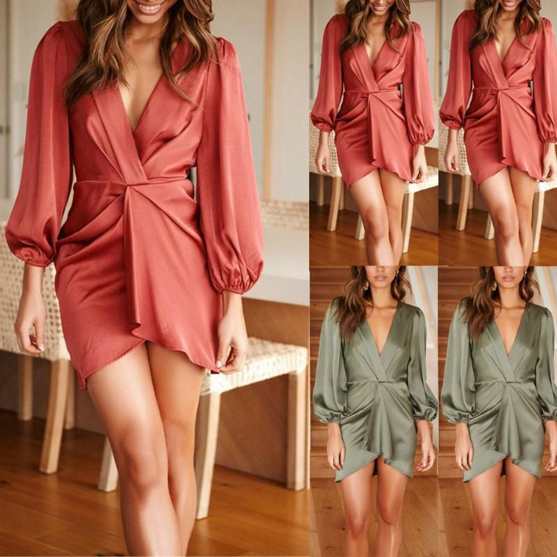 Women V-Neck Holiday Long Sleeve Tunic Dress Ladies Casual Party Mini Dress