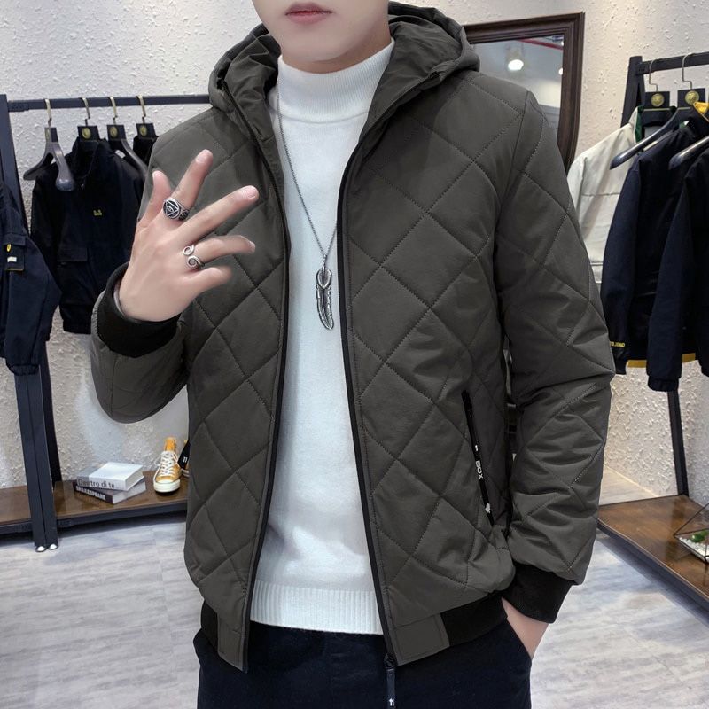 BROWON Winter Jacket Men Thick Long Sleeve Argyle Hooded Cotton Men Jacket Oversized Plus Velvet Zipper Jacket Parkas Men