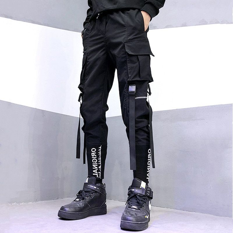 Techwear Pants -hop Jogger Men's Ribbon Men's Srts Pants Streetwear Black Harem Overalls Multi-cket Men's Casual Pants