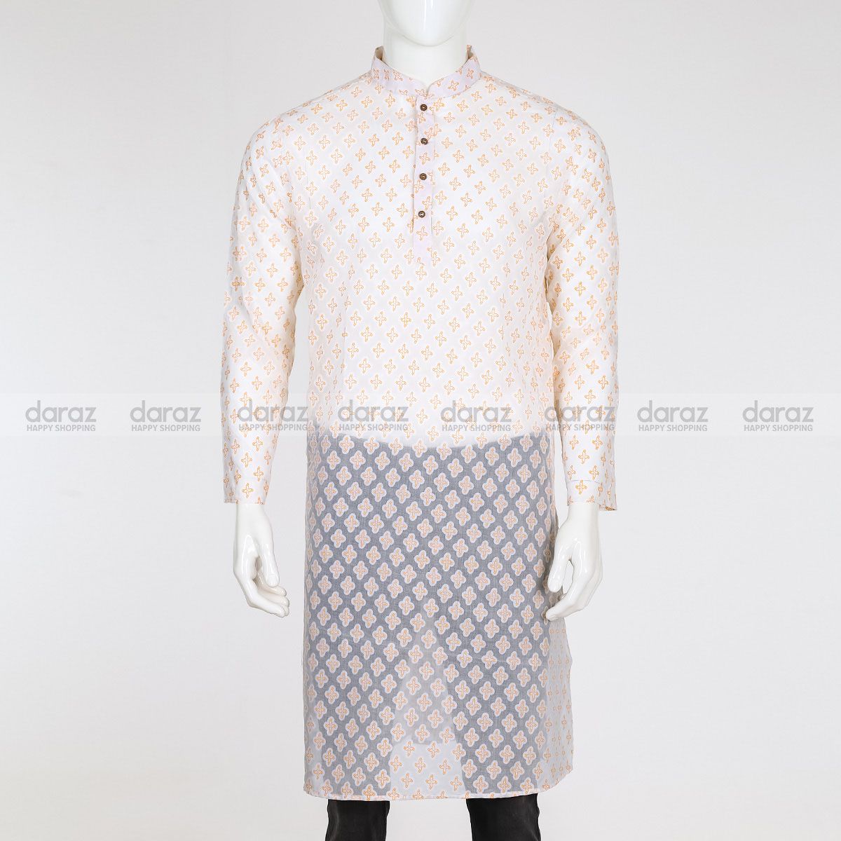 Cotton-mixed Casual Semi Long Panjabi For Men - Printed Off-white yellow Color
