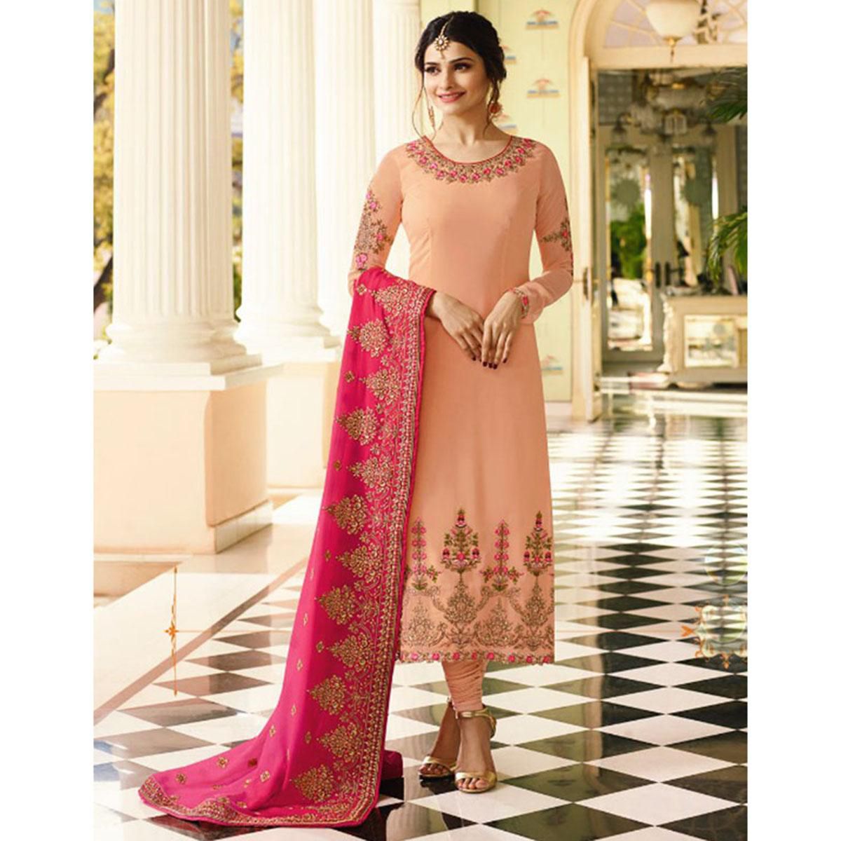 Exclusive Unstitched Sandy Brown Georgette Embroidery Work Salwar kameez For Women