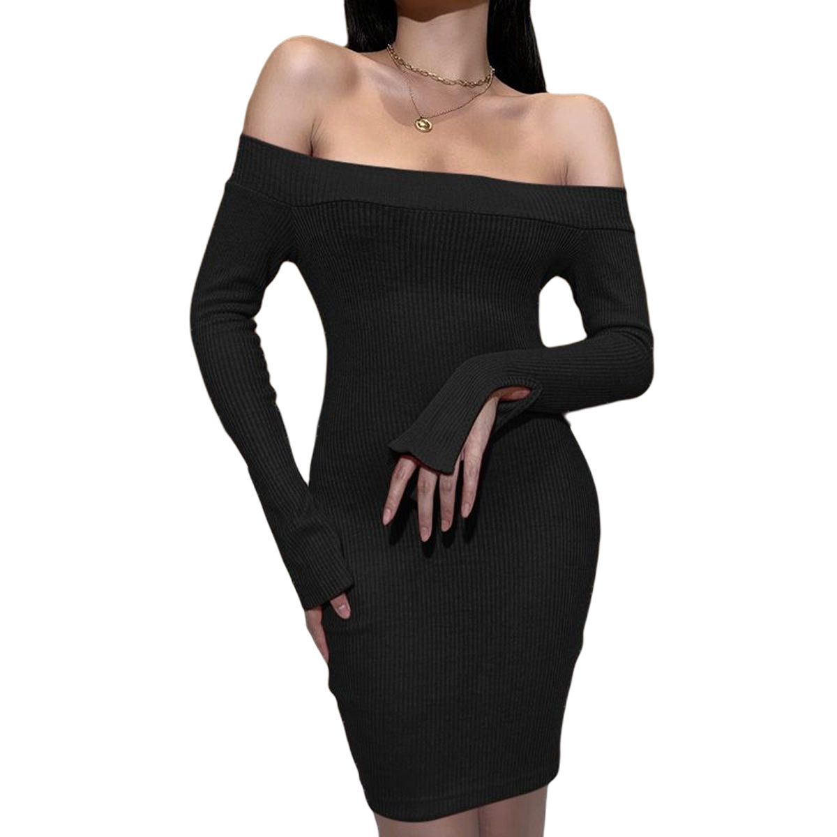 2021 Women’s fashion Boat Neck Dress Fashion Solid Color Split Long-sleeved Tight-fitting Short Dress