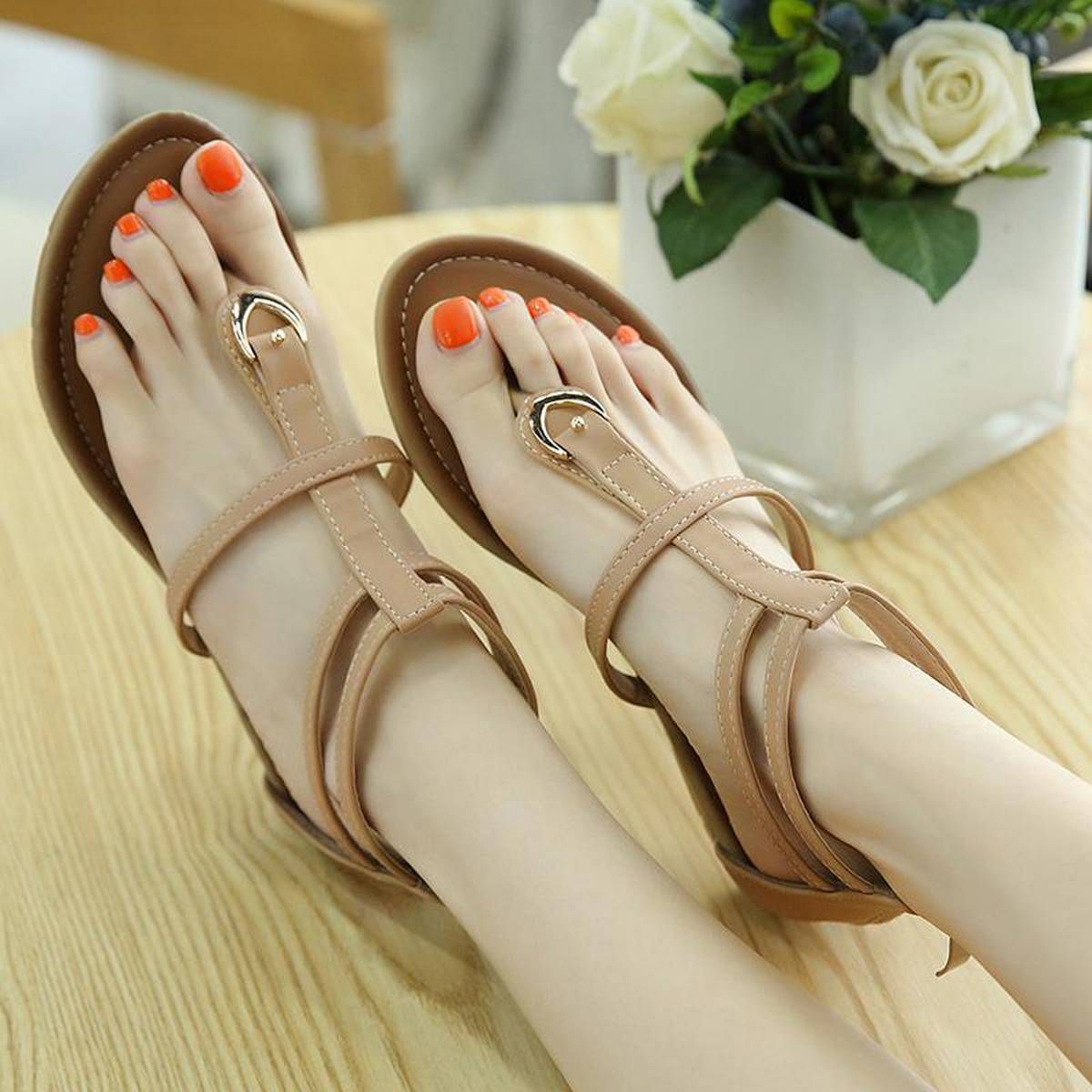 Fashion Women Large Size Roman Gladiator Clip Fashion Toe Zipper Beach PU Leather Sandals - Green