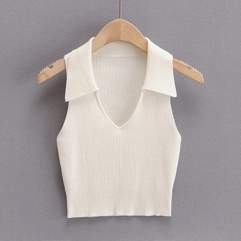 Summer Polo Neck Tank Top Women Ins Hot Knit Skinny Crop Top Chic Street Girls Sleeveless T Shirt Women Vest Tops