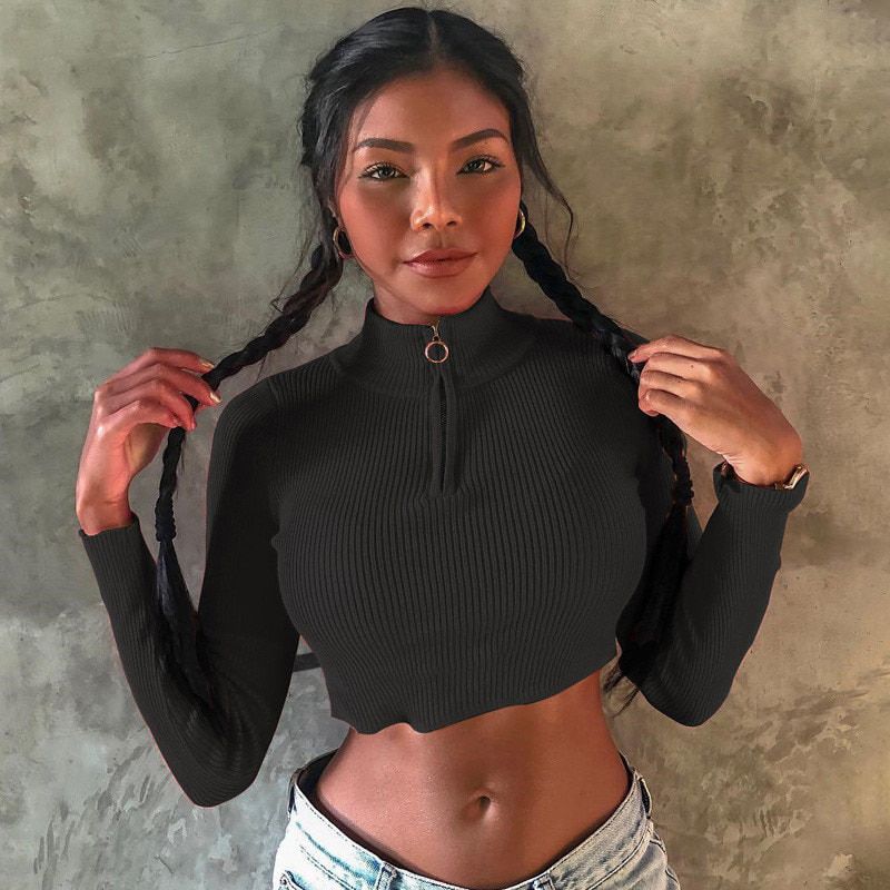 CNYISHE 2021 Spring Casual Neon Crop Tops T-shirt Women Solid  Fitness Zipper Tees O-neck Long Sleeve T Shirts Blusas Female