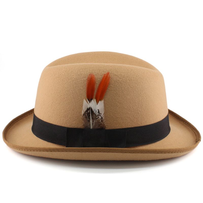 Men Women Wool Blend Classical Homburg Hats Feather Band Fedora Caps Trilby Sunhat Jazz Winter Warm Adjustable Size M-L