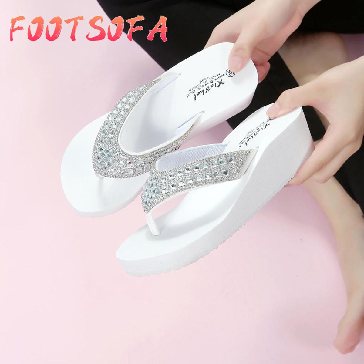 OIMG Korean Style Women Sandals Lady Shoes Summer Slippers Fashion Rhinestones Wedges Flip Flops Women'S Casual Beach Shoes Wedge Sandals Female Shoes Women Shoes