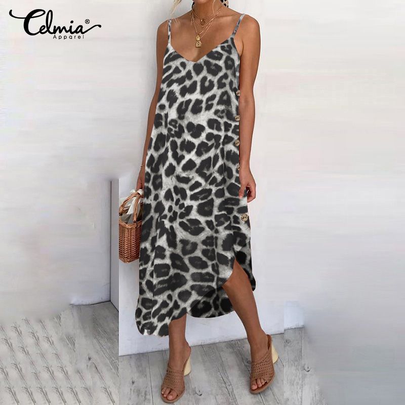 Stylish  Celmia Womens Summer Leopard Print Strap Dress V Neck Asymmetric Party Beach Slip Dress