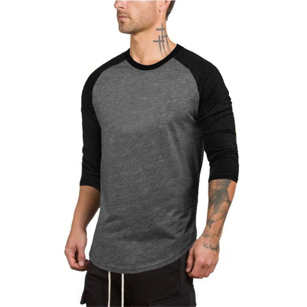 Sporty Men 3/4 Sleeve O Neck Color Block Patchwork Cotton T-shirt Bottoming Top