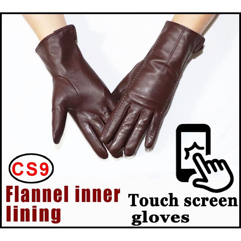 Women's sheepskin gloves winter warmth plus velvet short thin touch screen driving female color leather gloves new high-end 2021