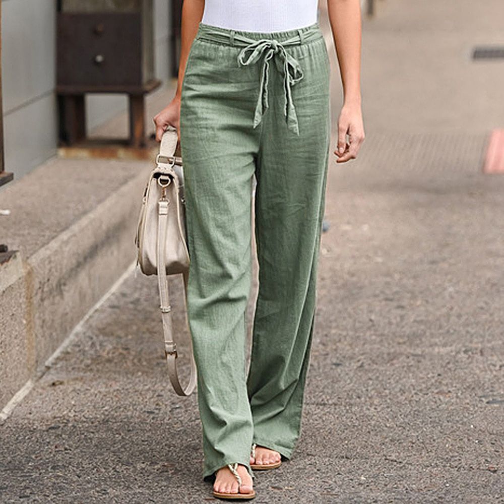 Women Wide Leg Pants High Waist Belt Solid Color Casual Cotton Linen Long Straight Pants Female Ankle-length Length Trousers