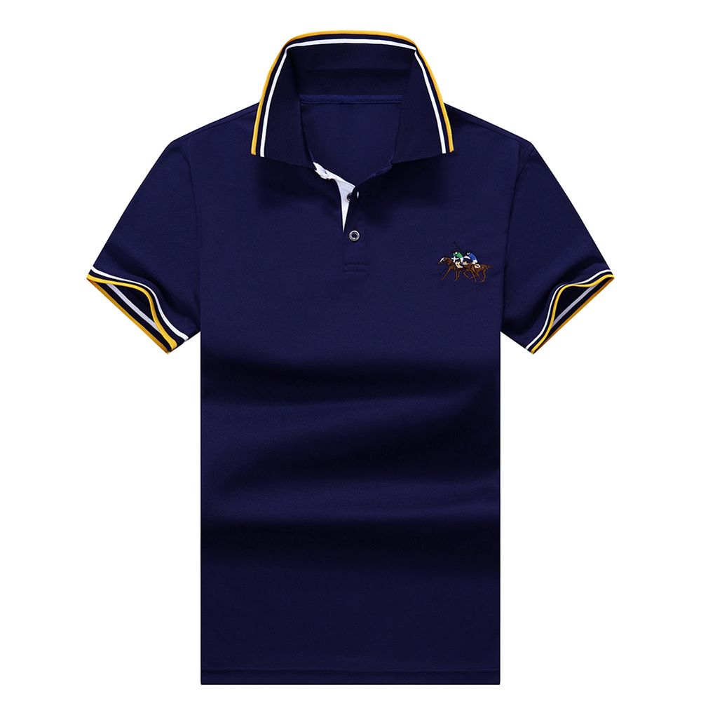 Summer Men Embroidered Button Slim T-Shirt Short Sleeve Turn Down Collar Tee Top