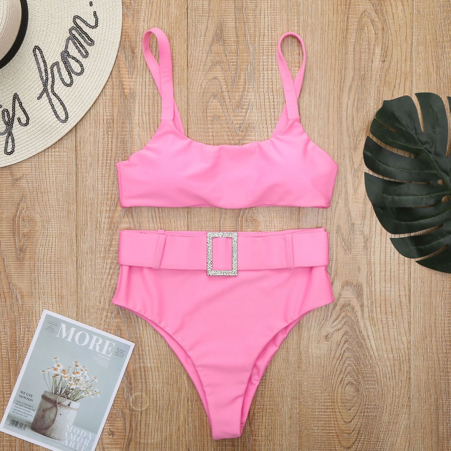 Bikini  Women's Swimsuit Solid Color High Waist Slim Split 2 Pieces Briefs Tankini Set
