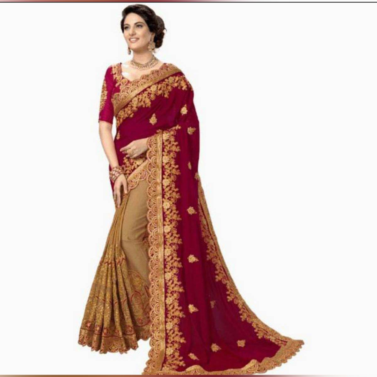 Indian Weightless Georgette Saree  Maroon Color High Quality Embroidery Work On Blouse