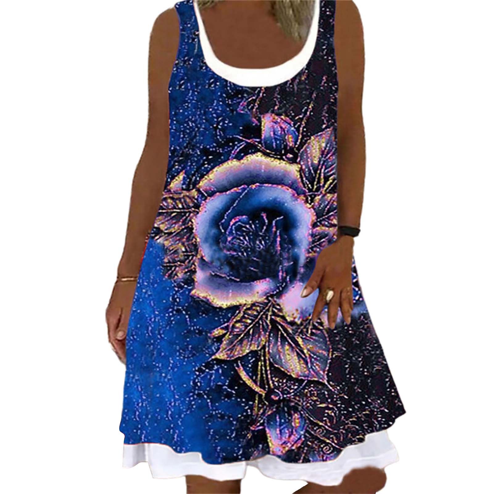 Women Dress Floral Print Fake Two-piece Polyester Round Neck Sleeveless Dress for Holiday
