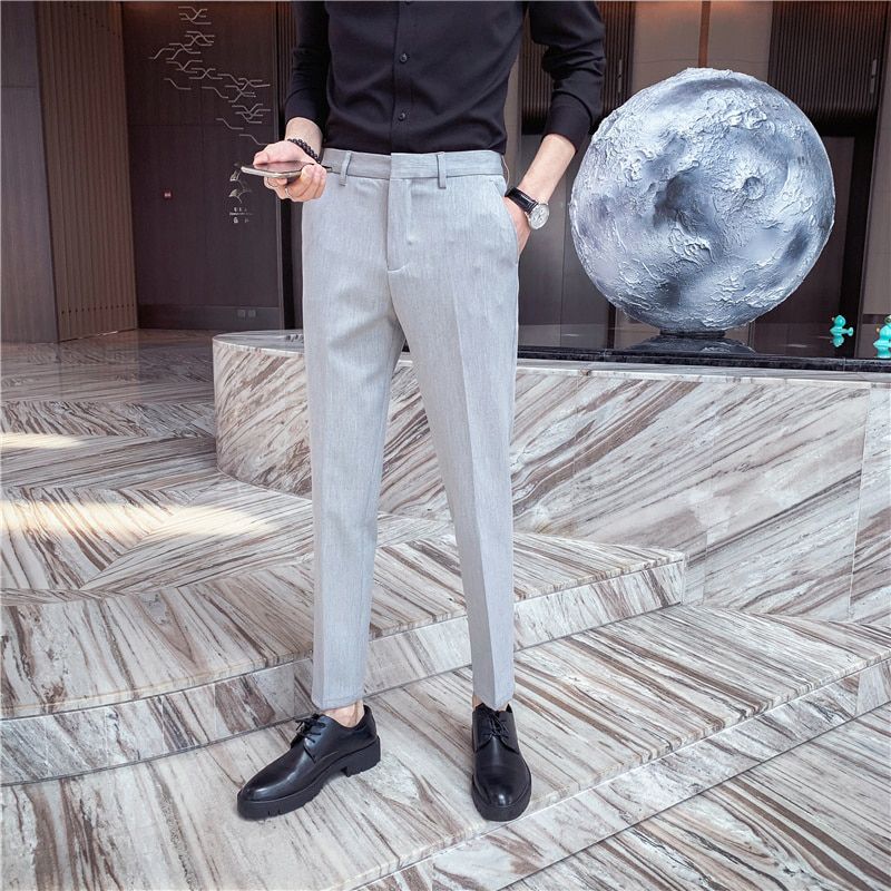 Top Quality Men Dress Pants Formal Wear Fashion 2021 Spring New Solid Slim Fit Casual Business Office Trousers 36-28 Black/Gray