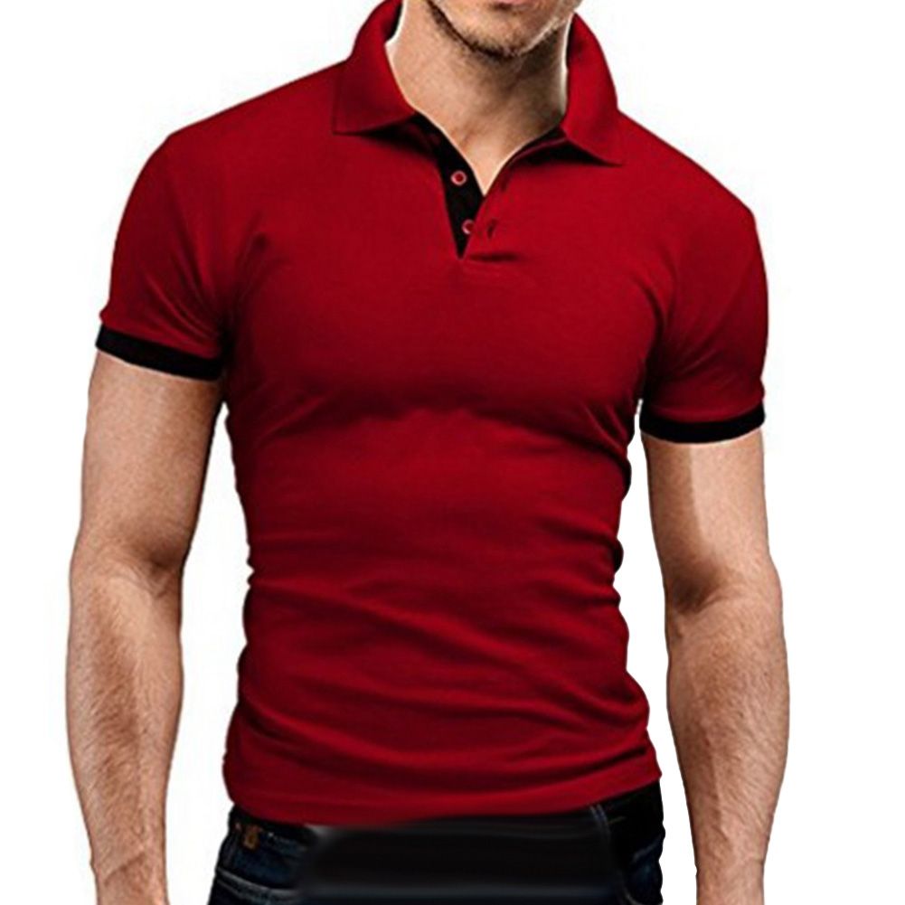 Plus Size Summer Men Slim Solid Color T-Shirt Turn Down Collar Short Sleeve Top