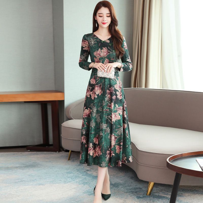 Women Long Dress V-neck Retro Printing Flower High Waist Long Sleeves Spring Autumn Dress