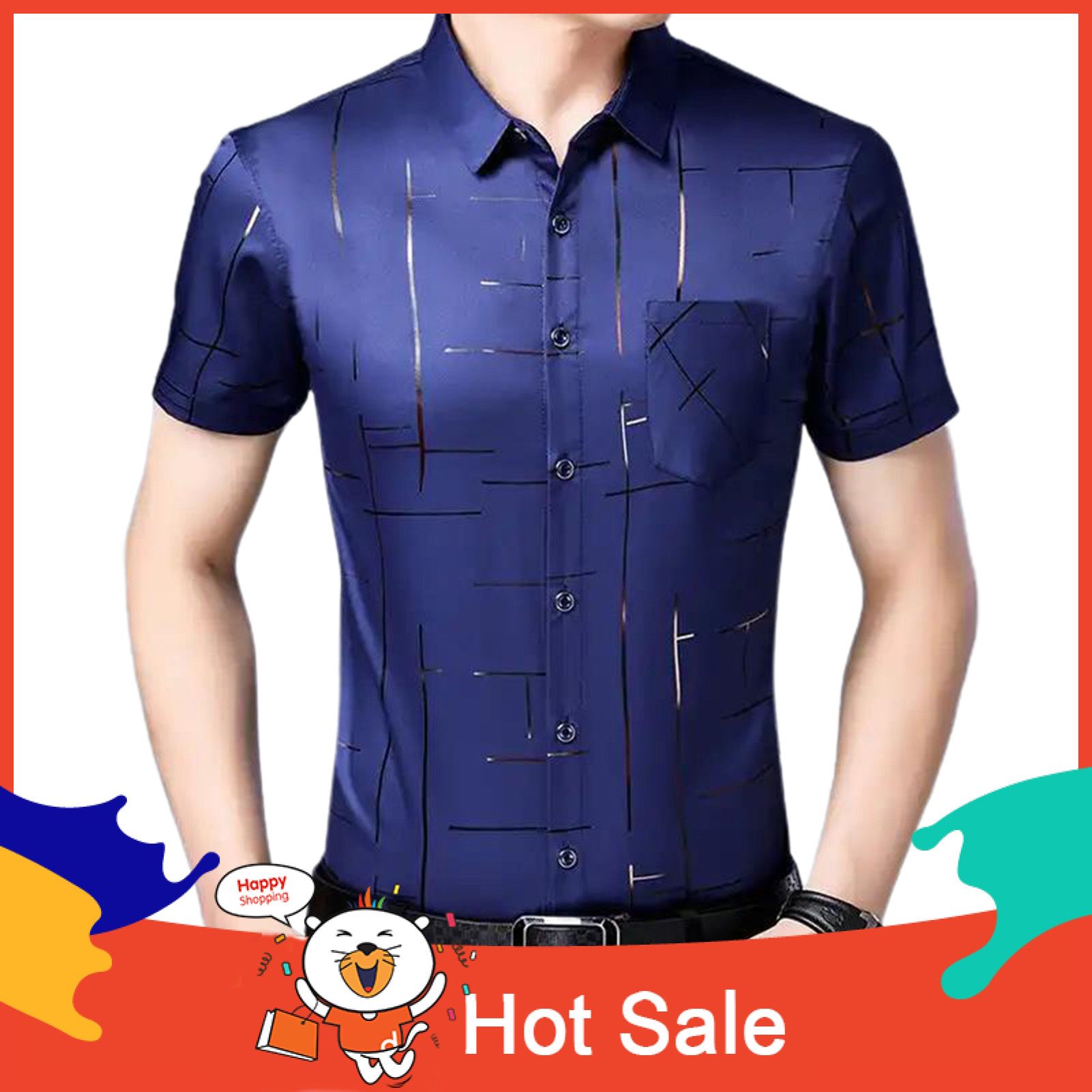 Social Dress Shirt Hot Stamping Print Buttons Men Lapel Collar Top for Party