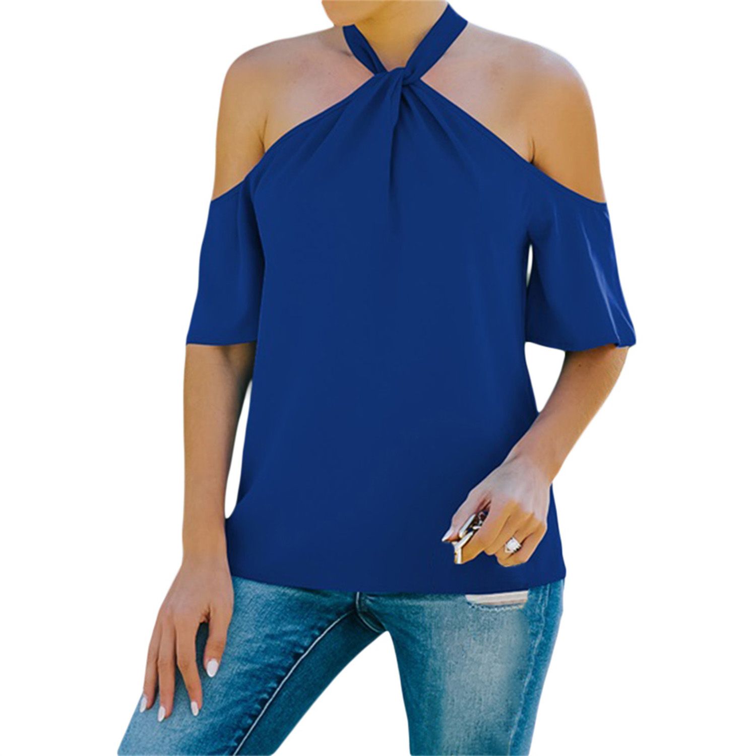 Women Elegant T-shirt, Solid Color Halter Neck Off-the-shoulder Half Sleeves Tops, Black/ Rosy/ Blue