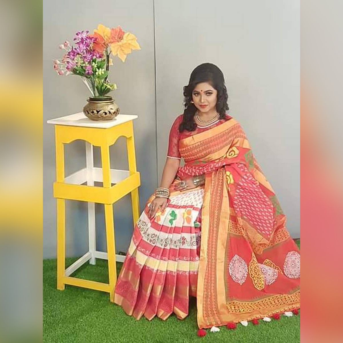 Multicolor Cotton Tangail Tant Saree For Women With Running Blouse Piece Exclusively for Puja & Pohela Boisakh High Quality