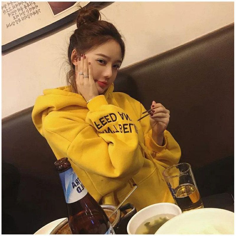 Korean Fashion Autumn Winter Korean Alphabet Embroidery Plus Velvet Medium And Long Bf Loose Hooded Super Fire Clothes Jacket Woman