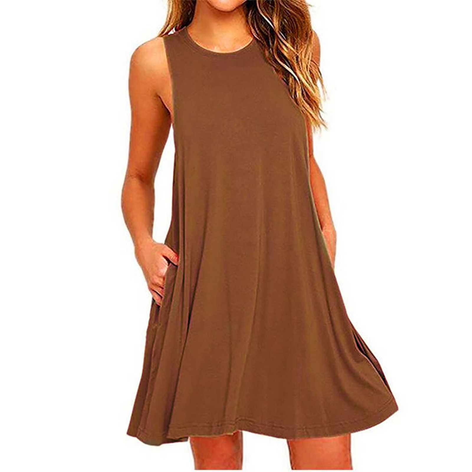 Women Dress Sleeveless Round Neck Cloth Simple Solid Color Midi Dress for Summer